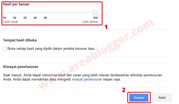 Atur agar Google menampilkan 100 result