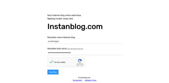 Memasukkan nama halaman blog dan kata sandi